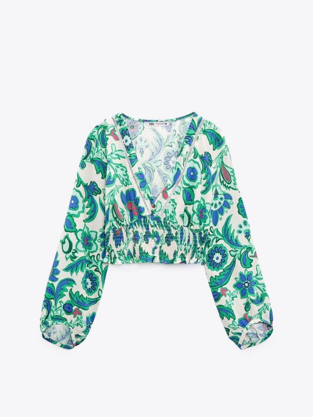 ZARA | Green Paisley V-Neck Smocked Crop Top Blouse